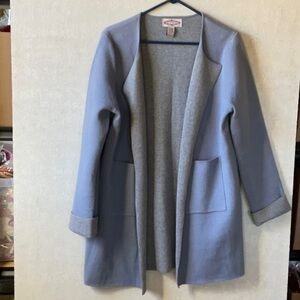 Oliver cardigan. Blue/gray. Wool-angora blend. Size L